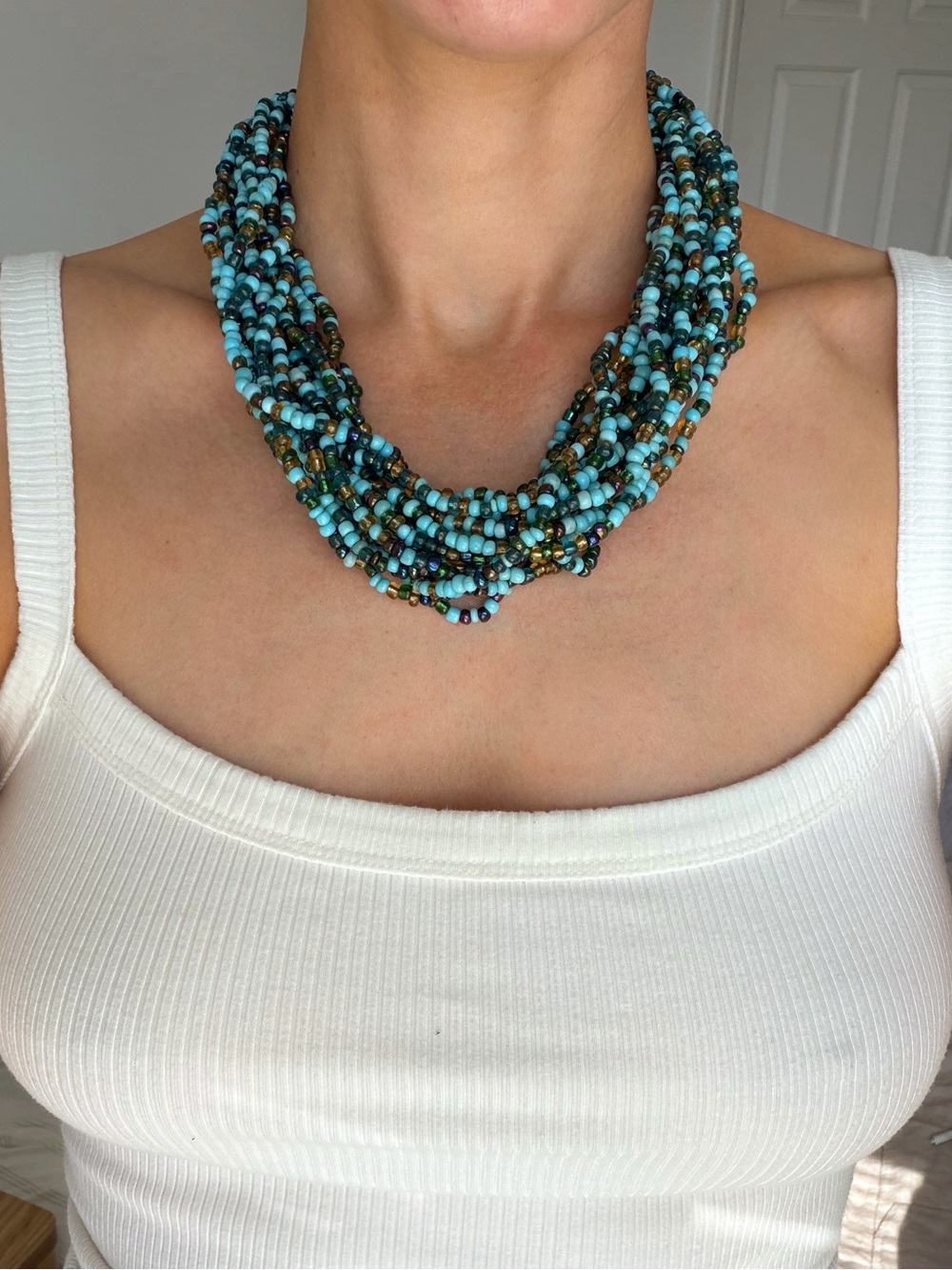 Vintage Statement Multi-Strand Turquoise Blue Beaded Necklace
